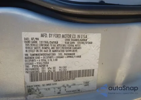 1999 Lincoln Town Car Signature z USA, uszkodzony, nr VIN 1LNFM82W2XY601285